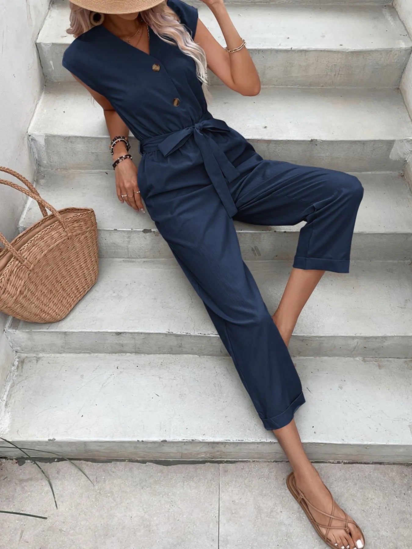 Button-Front Tie Waist Jumpsuit One-Pieces Jumpsuit PHUNKYN