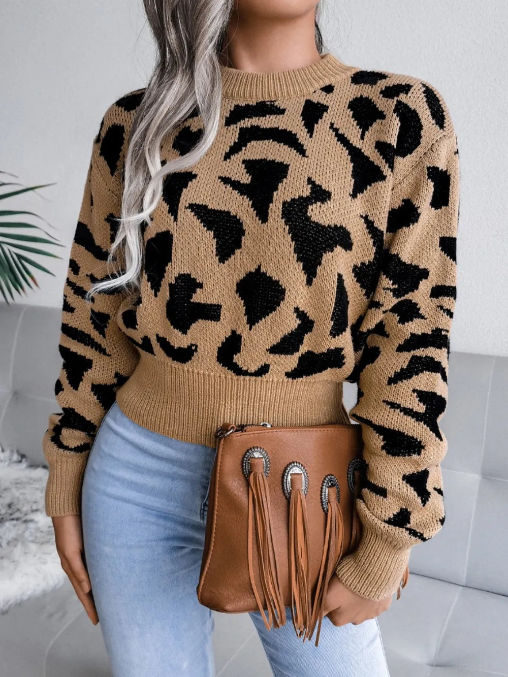 Leopard Round Neck Dropped Shoulder Sweater | Sweaters Sweater from PHUNKYN
