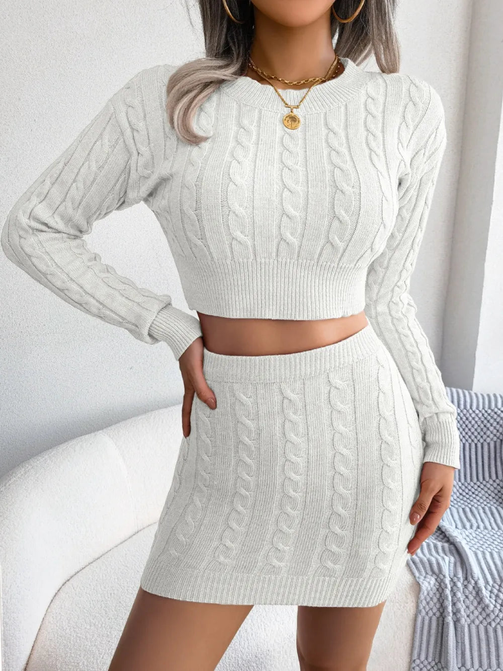 Cable-Knit Round Neck Top and Skirt Sweater Set | Outfit Sets Top and Skirt Set from PHUNKYN
