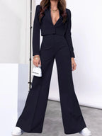 Lapel Collar Cropped Top and Wide Leg Pants Set | Outfit Sets Top and Pants Set from PHUNKYN
