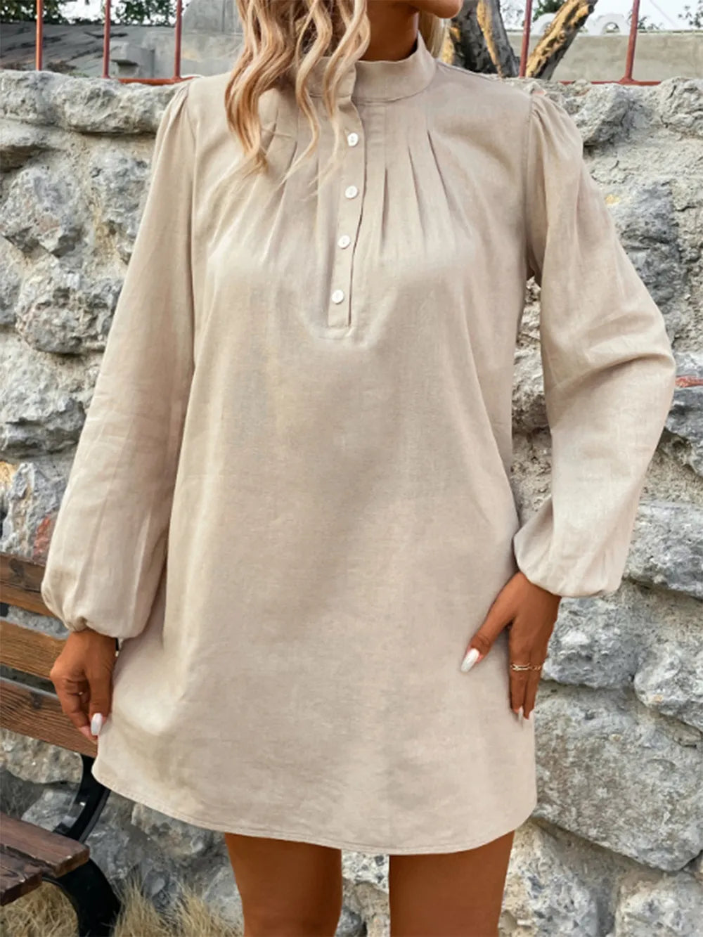 Half Button Mock Neck Long Sleeve Mini Shirt Dress | Dresses Mini Dress from PHUNKYN