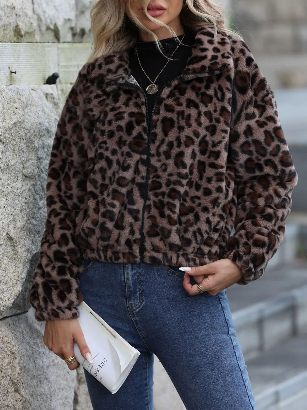 Leopard Collared Neck Zip Up Jacket | Jacket from PHUNKYN