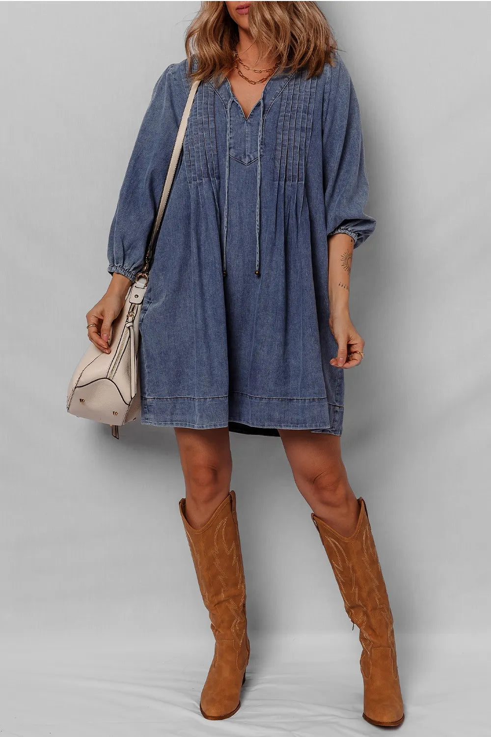 Tie Neck Long Sleeve Mini Denim Dress | Dresses Denim Dress from PHUNKYN