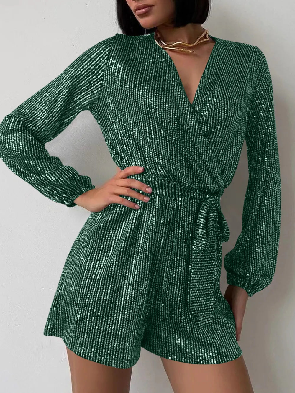 Full Size Sequin Surplice Tie Waist Long Sleeve Romper | Dresses Romper from PHUNKYN