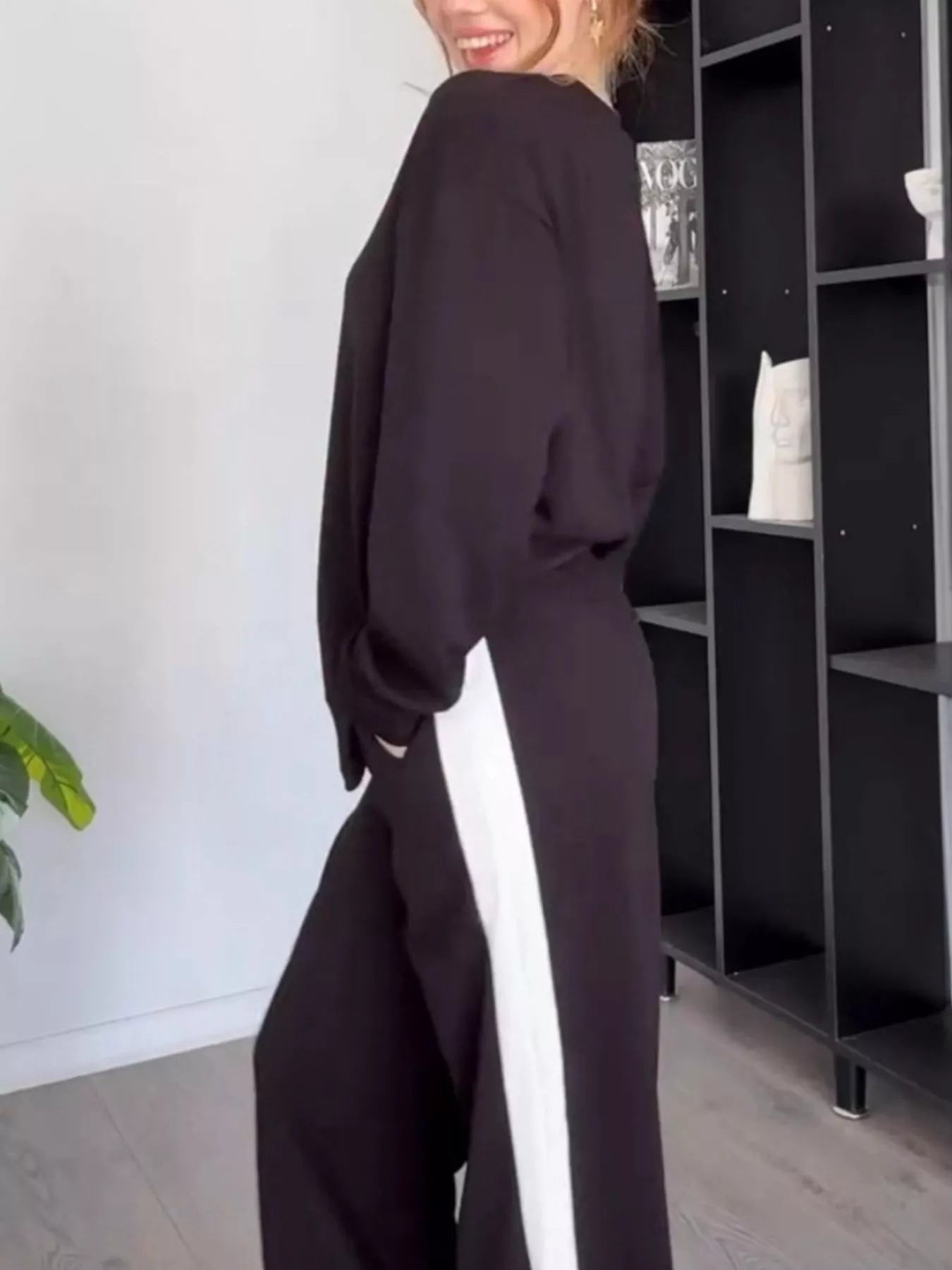 Contrast Round Neck Top and Pants Set Plus Size | Outfit Sets Top and Pants Set from PHUNKYN