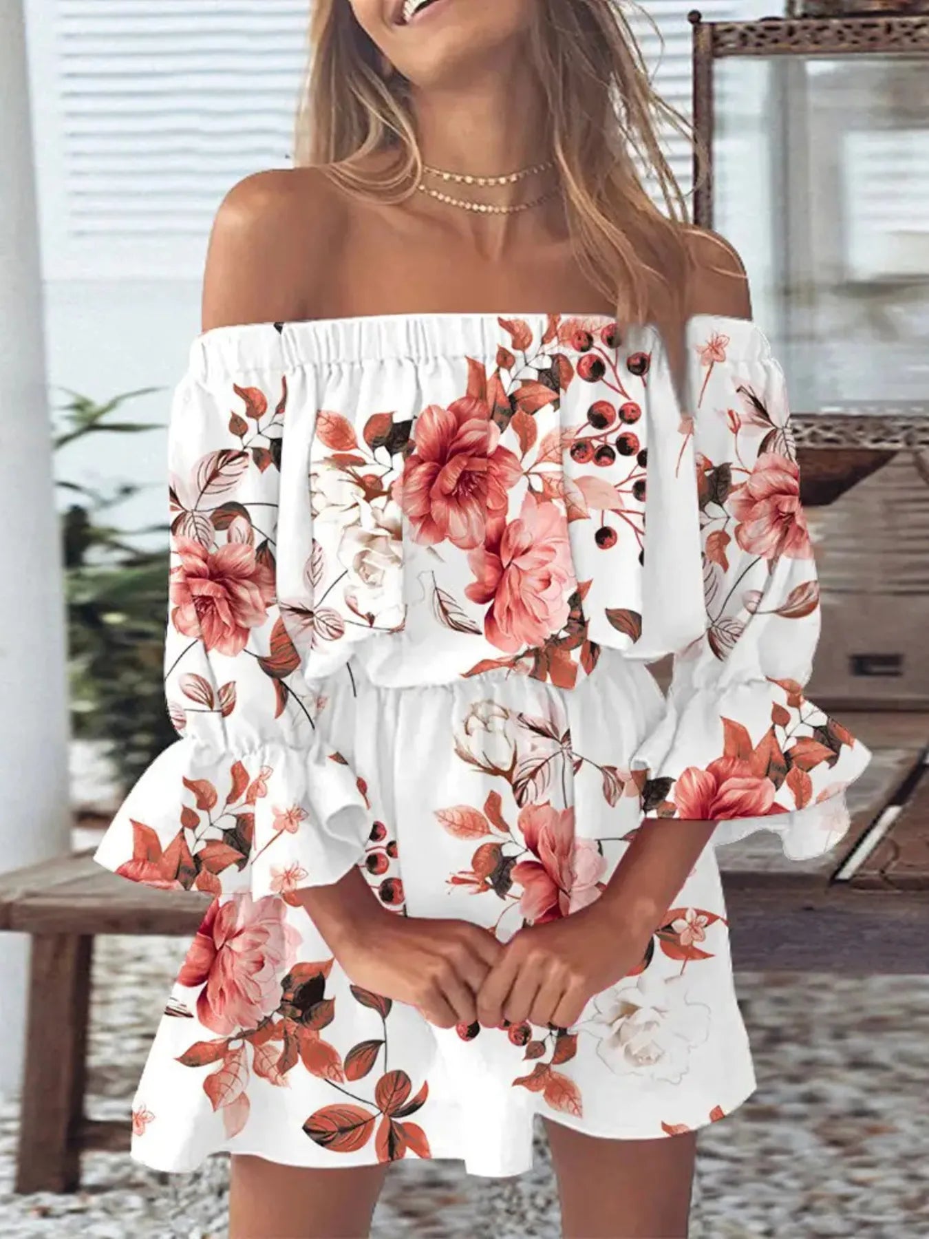 Floral Off-Shoulder Flounce Sleeve Mini Dress | Dresses Mini Dress from PHUNKYN