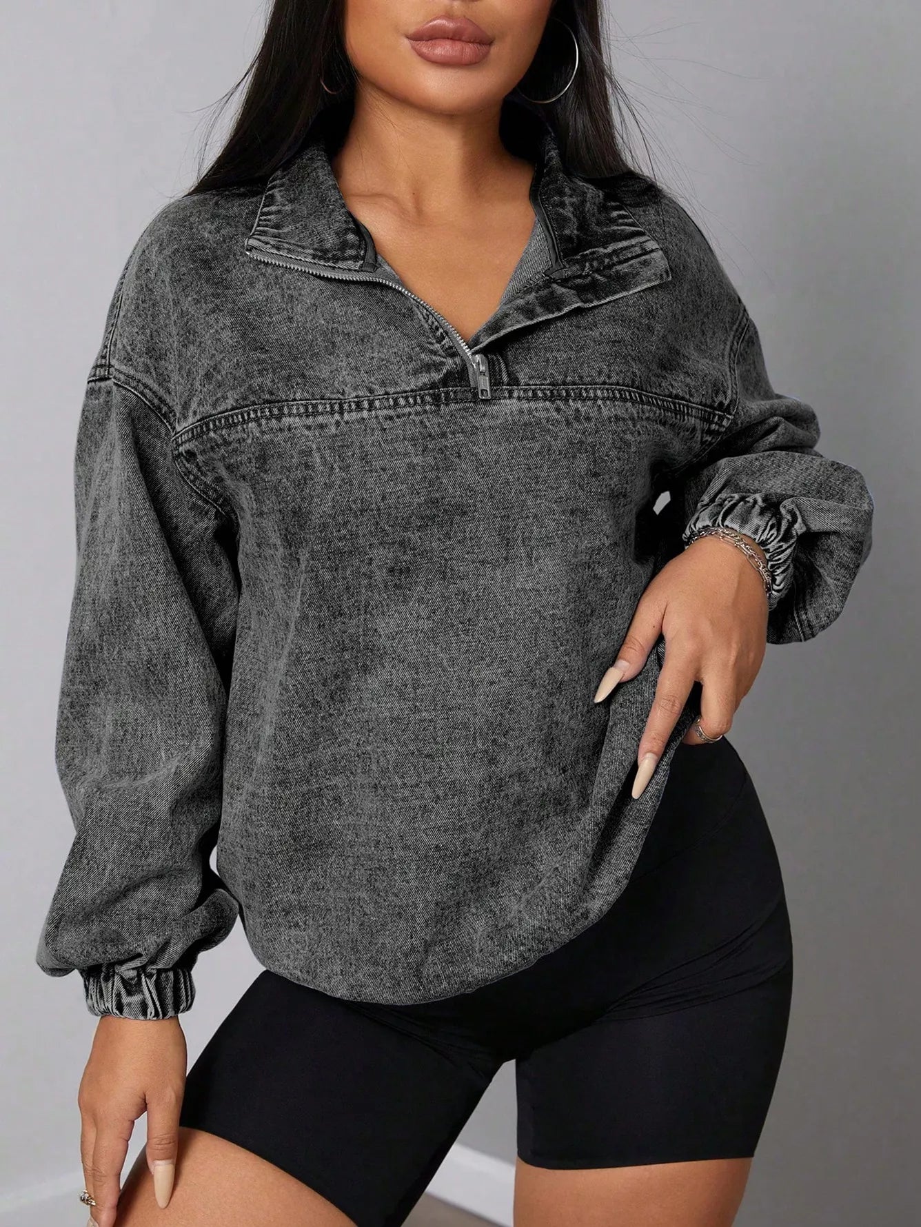 Elastic Hem Quarter Zip Denim Top | Shirts Denim Top from PHUNKYN