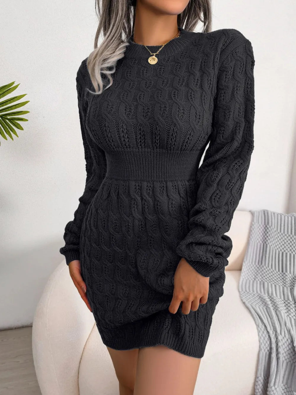 Cable-Knit Round Neck Mini Wrap Sweater Dress | Dresses Sweater Dress from PHUNKYN