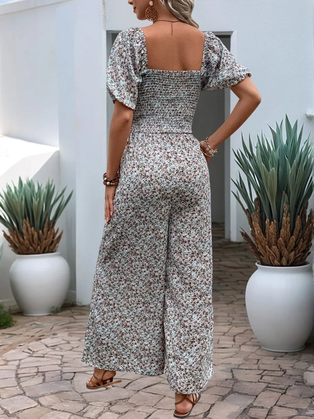 Ditsy Floral Smocked Square Neck Puff Sleeve Jumpsuit | One-Pieces Jumpsuit from PHUNKYN
