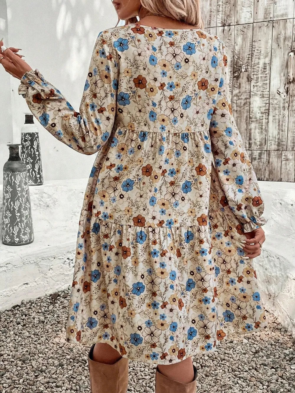 Tiered Floral Round Neck Long Sleeve Dress | Dresses Dress from PHUNKYN