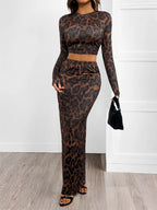 Leopard Round Neck Top and Skirt Set | Outfit Sets Top and Skirt Set from PHUNKYN