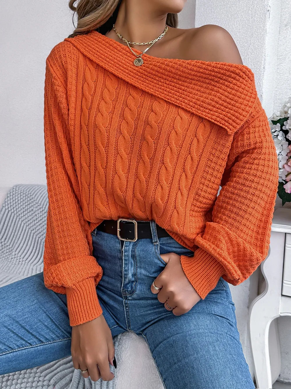 Cable-Knit One Shoulder Long Sleeve Sweater | Sweaters Sweater from PHUNKYN