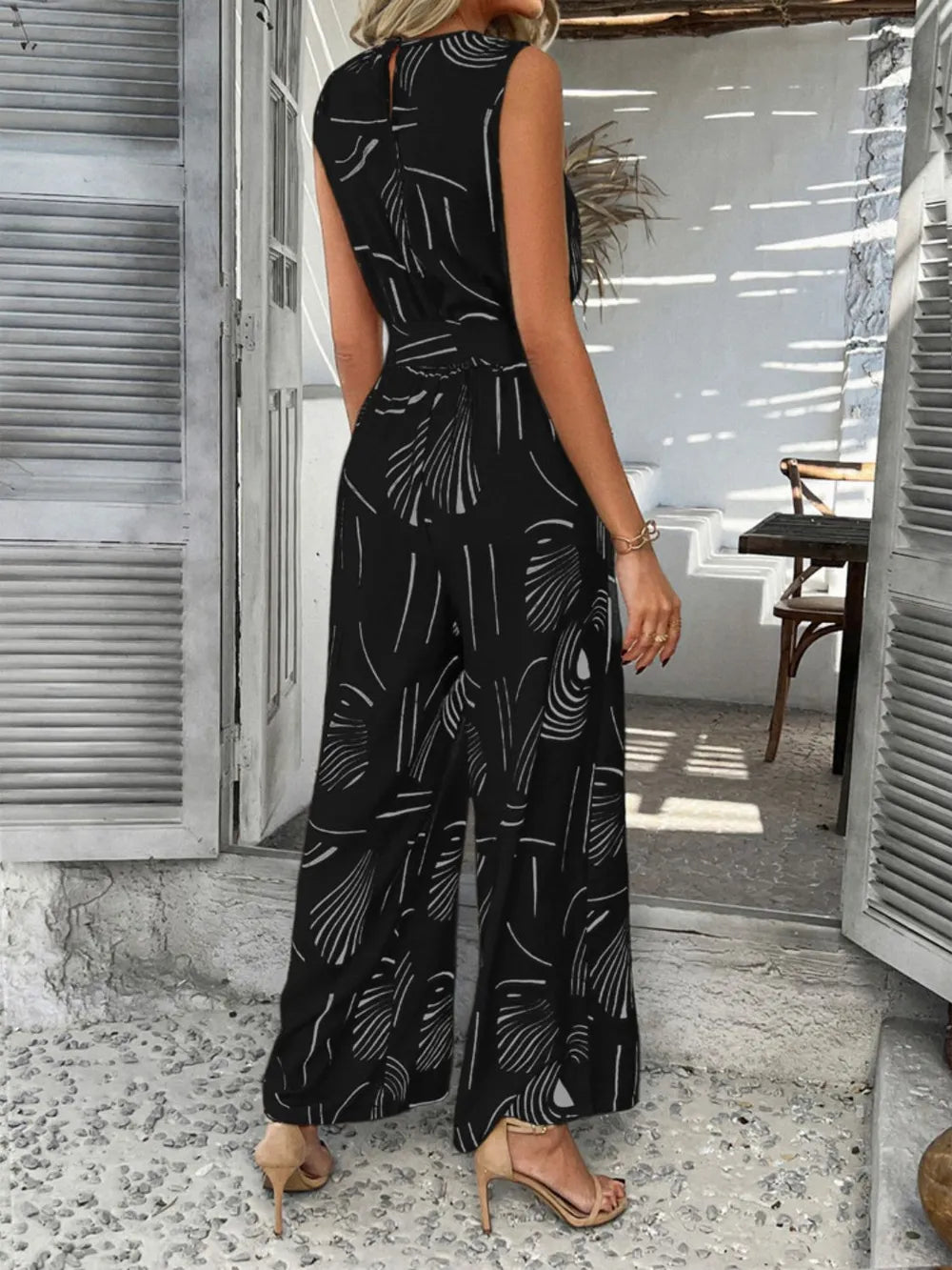 Devine Printed Round Neck Sleeveless Tie Waist Jumpsuit | One-Pieces Jumpsuit from PHUNKYN