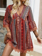 Lace Trim Printed V-Neck 3/4 Sleeve Dress | Dresses Dress from PHUNKYN