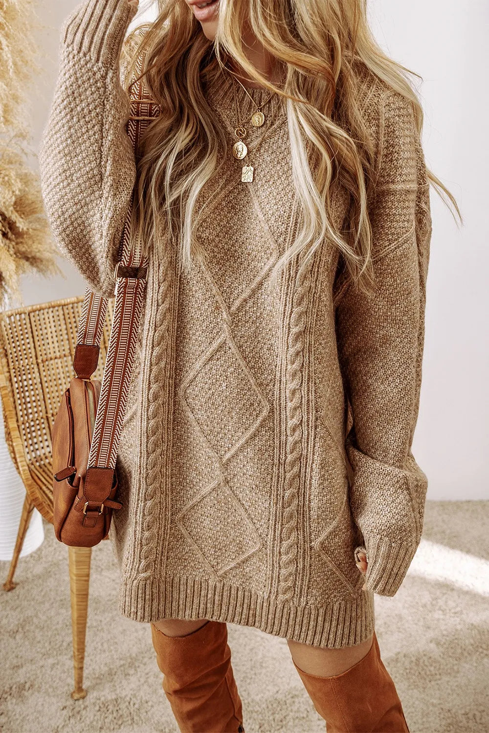 Cable-Knit Round Neck Sweater Dress | Dresses Sweater Dress from PHUNKYN