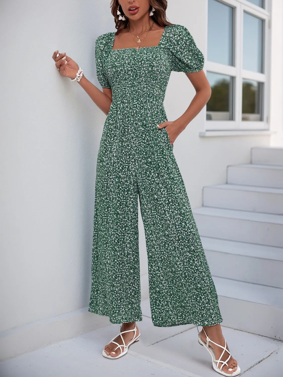 Printed Square Neck Puff Sleeve Jumpsuit | One-Pieces Jumpsuit from PHUNKYN