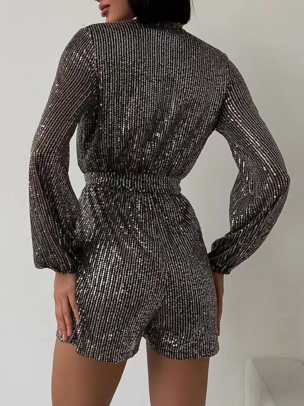 Full Size Sequin Surplice Tie Waist Long Sleeve Romper | Dresses Romper from PHUNKYN