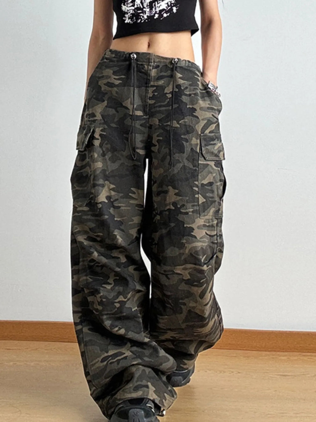 Drawstring Camouflage Cargo Wide Leg Jeans | Cargo Pants Cargo Jeans from PHUNKYN