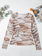 Camouflage Print Mesh Long Sleeve Top | Shirts Top from PHUNKYN
