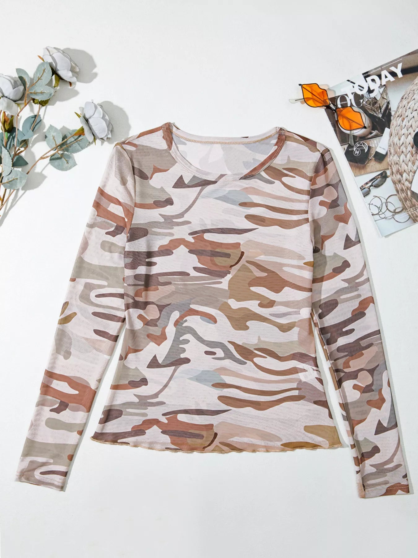 Camouflage Print Mesh Long Sleeve Top | Shirts Top from PHUNKYN