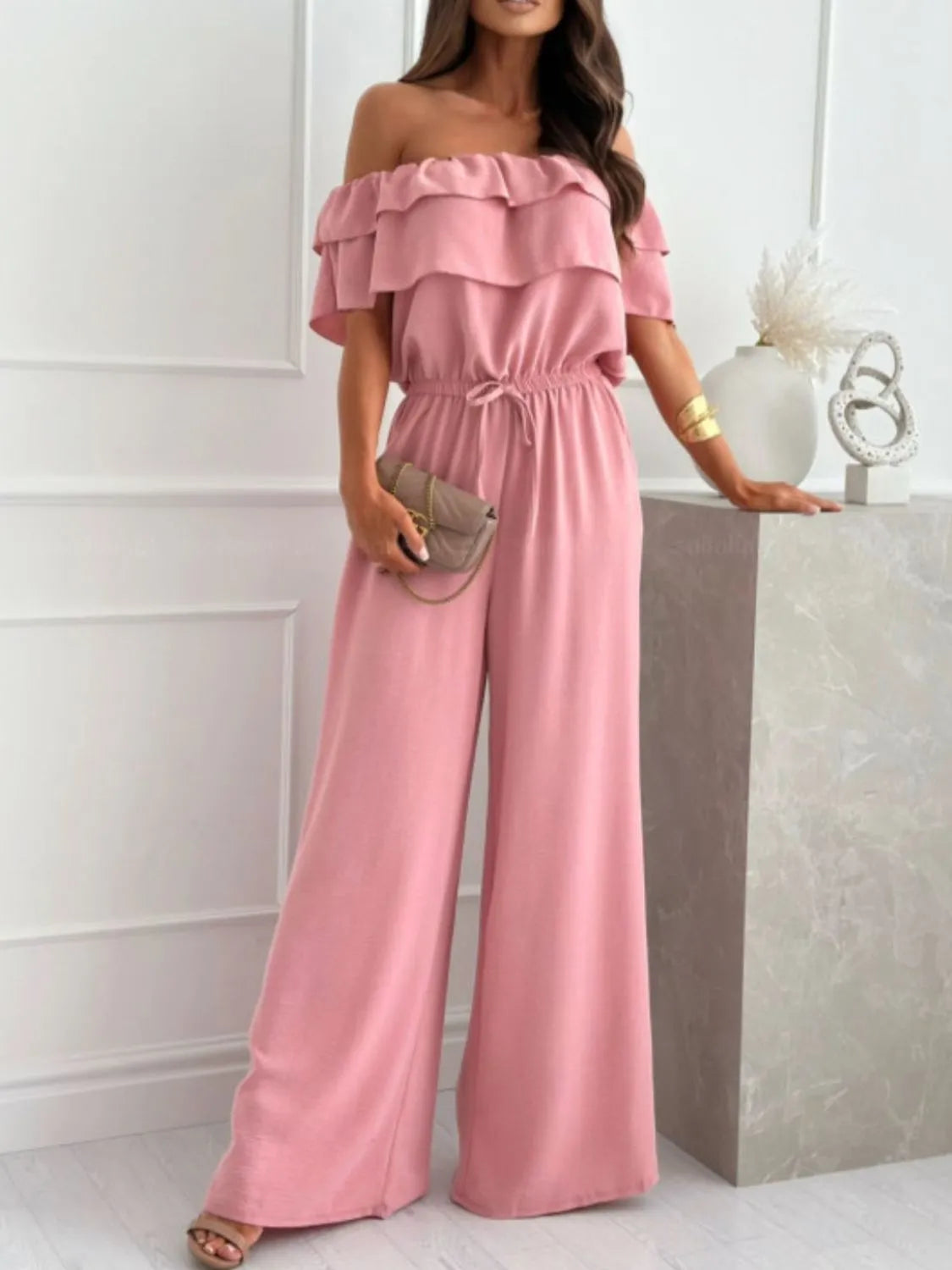 Off-Shoulder Ruffled Wide Leg Jumpsuit One-Pieces Jumpsuit PHUNKYN