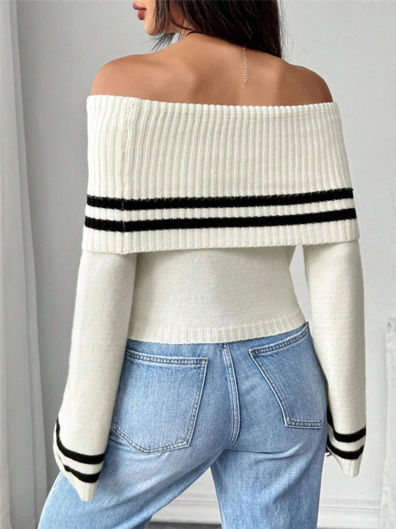 Ribbed Off-Shoulder Striped Knit Top | Sweaters Sweater from PHUNKYN