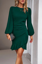 Devine Ruched Ruffled Balloon Sleeve Mini Dress | Dresses Mini Dress from PHUNKYN