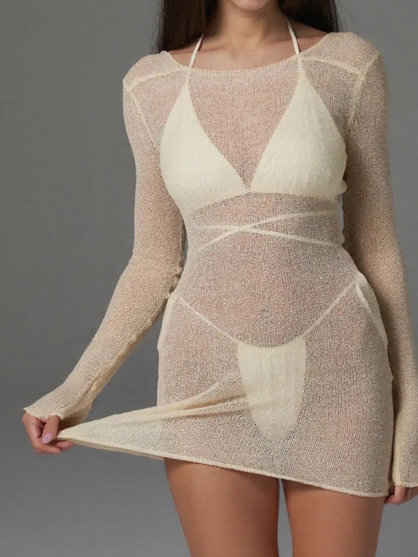 Sheer Backless Long Sleeve Mini Cover-Up Dress | Cover Ups Cover up from PHUNKYN