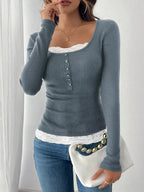 Lace Detail Long Sleeve Ribbed Top | Sweaters Top from PHUNKYN