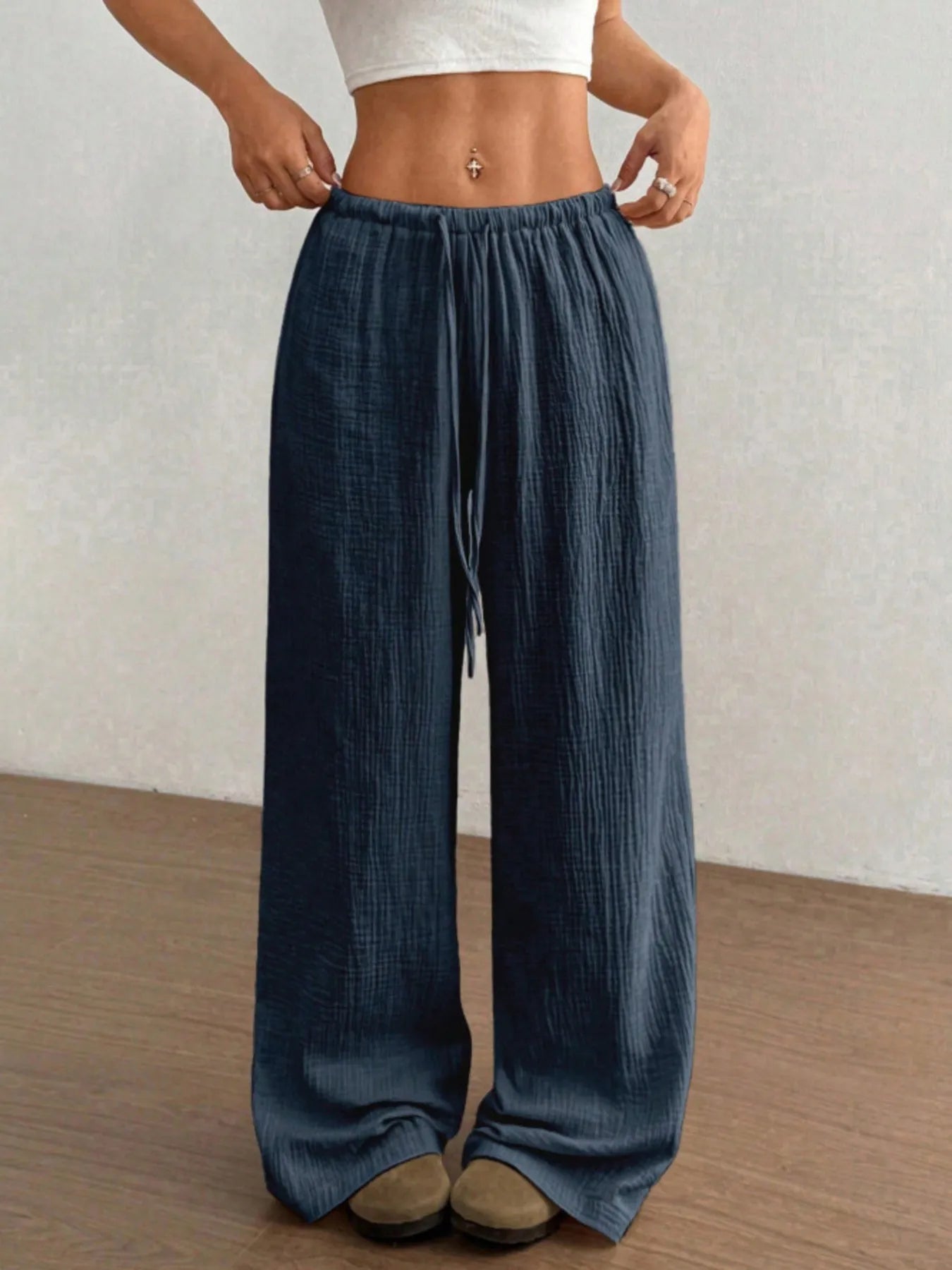 Wide Leg Drawstring Casual Pants | Trousers Wide Leg Pants Set from PHUNKYN