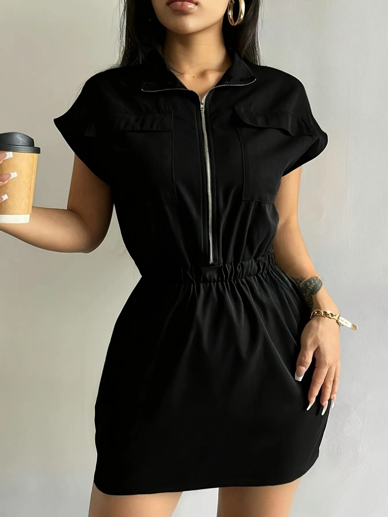 Zipper Front Short Sleeve Mini Dress | Dresses Mini Dress from PHUNKYN