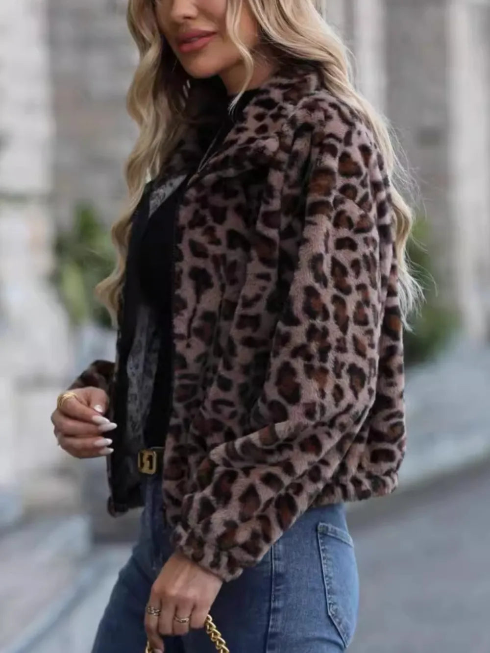 Leopard Collared Neck Zip Up Jacket | Jacket from PHUNKYN