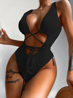 Ribbed Lace Up One-Piece Swimsuit | One-Piece Swimsuits One-Piece from PHUNKYN