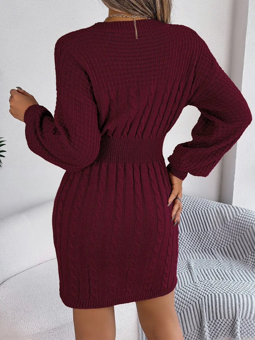 Cable-Knit Cutout Round Neck Slit Sweater Dress | Dresses Sweater Dress from PHUNKYN