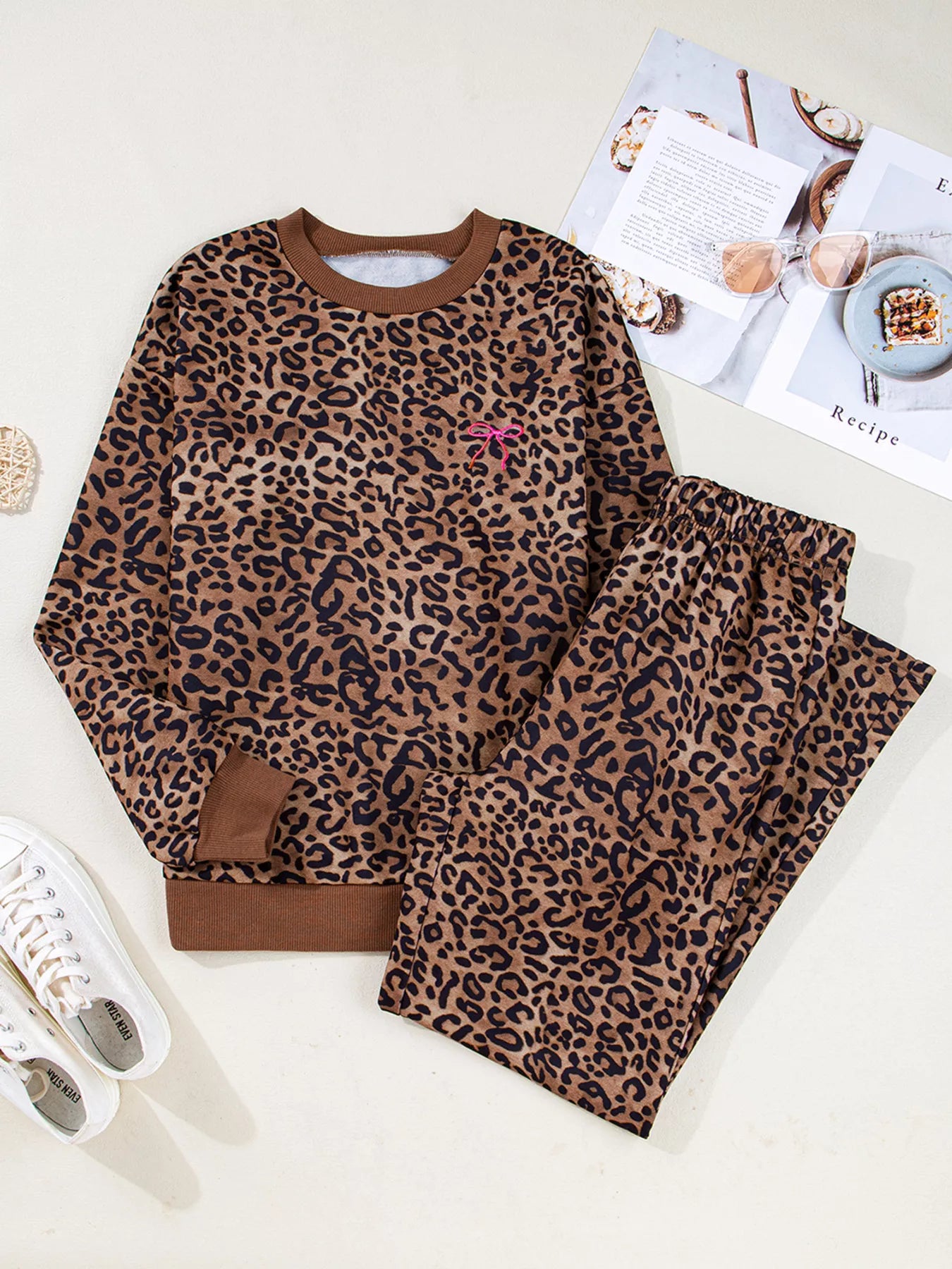 Leopard Print Contrast Trim Long Sleeve Top and Pants Set | Outfit Sets Top and Pants Set from PHUNKYN