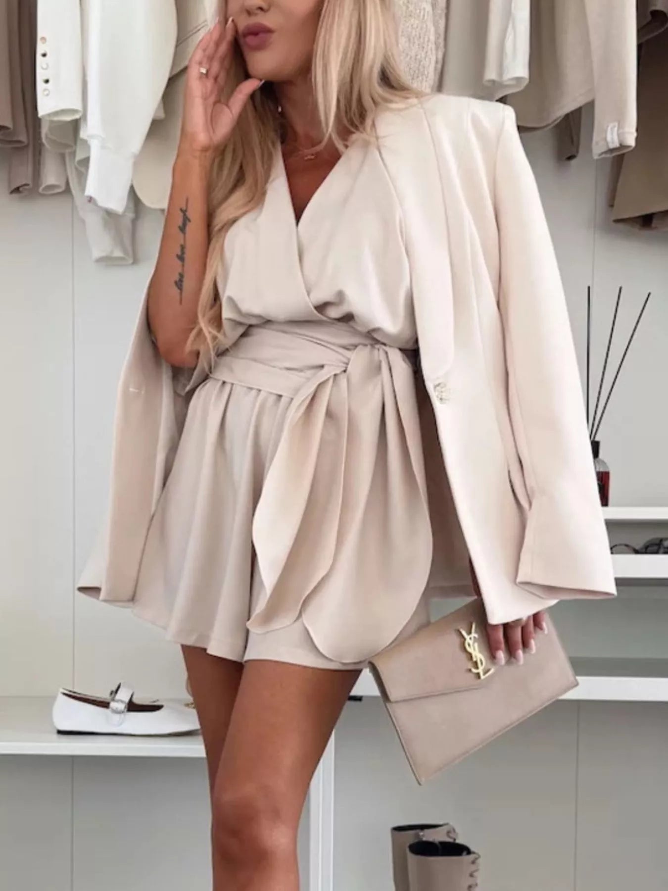 Full Size Surplice Tie Waist Romper Plus Size | One-Pieces from PHUNKYN