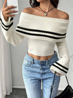 Ribbed Off-Shoulder Striped Knit Top | Sweaters Sweater from PHUNKYN