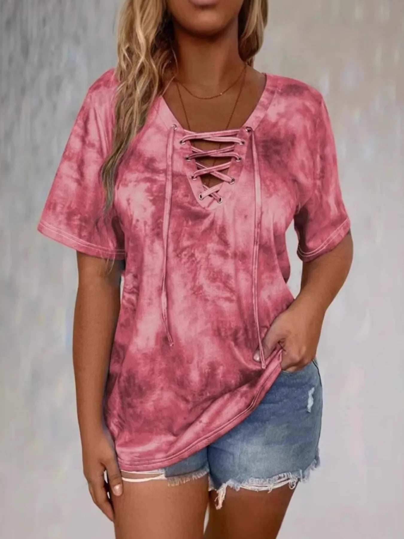 Tie Dye Lace-Up V-Neck Casual T-Shirt | T-Shirts T-Shirt from PHUNKYN