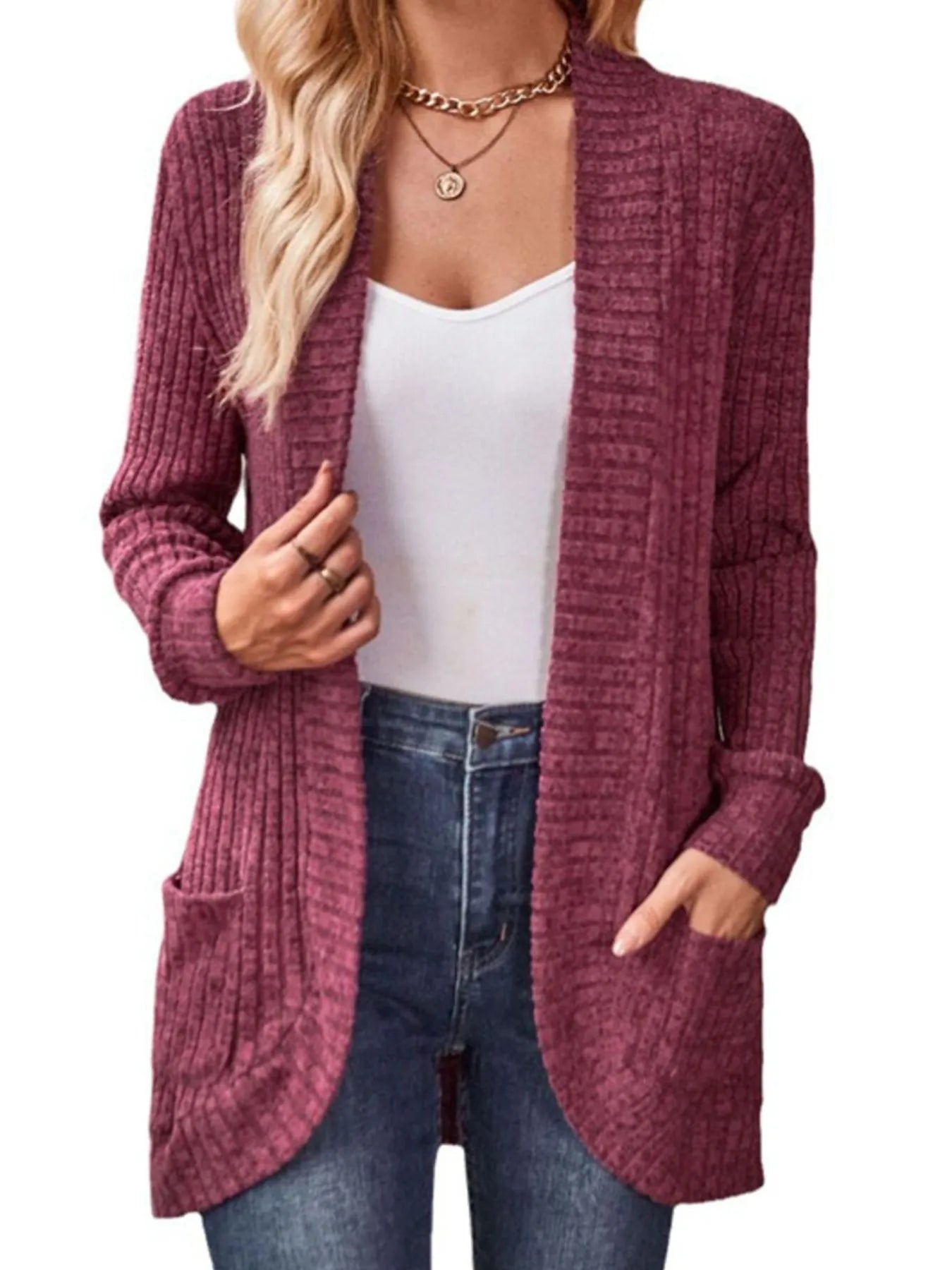 Ribbed Knit Open Front Cardigan with Pockets | Cardigans Cardigan from PHUNKYN