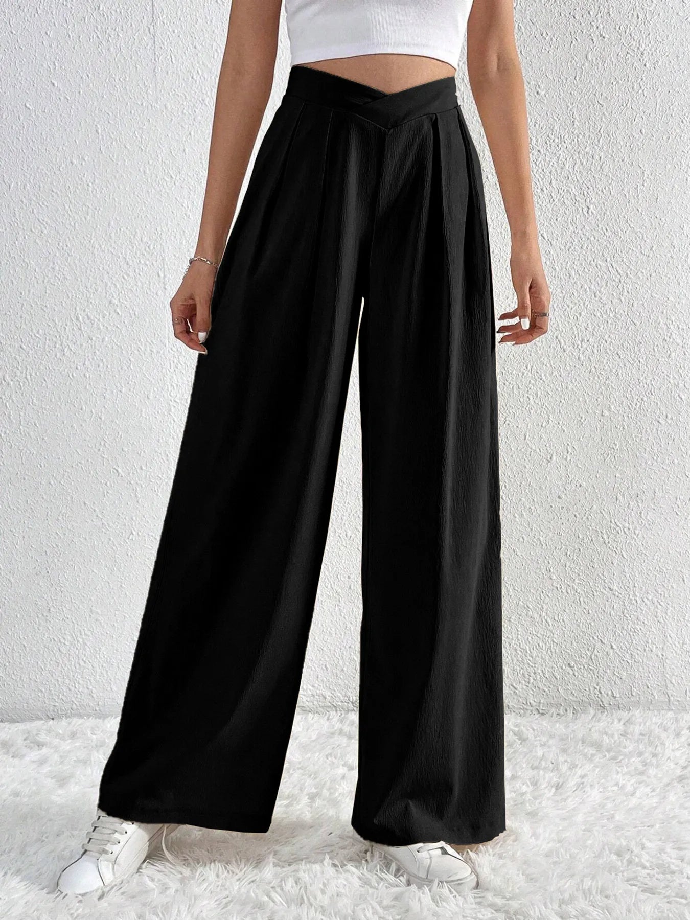 V-Waisted Ruched Front Wide Leg Pants | Trousers Wide Leg Pants from PHUNKYN