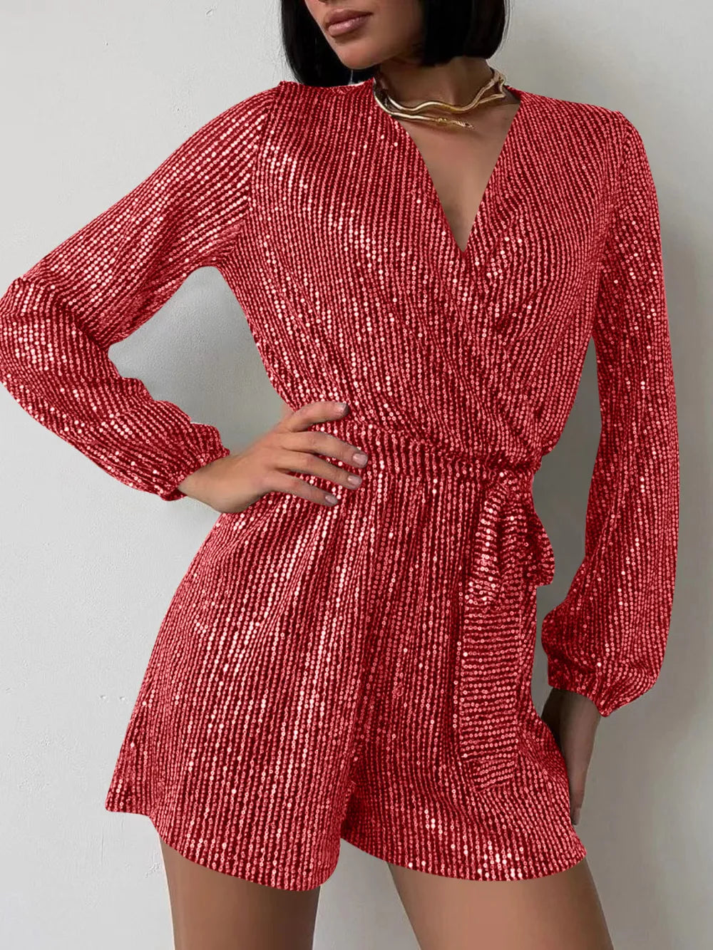 Full Size Sequin Surplice Tie Waist Long Sleeve Romper | Dresses Romper from PHUNKYN