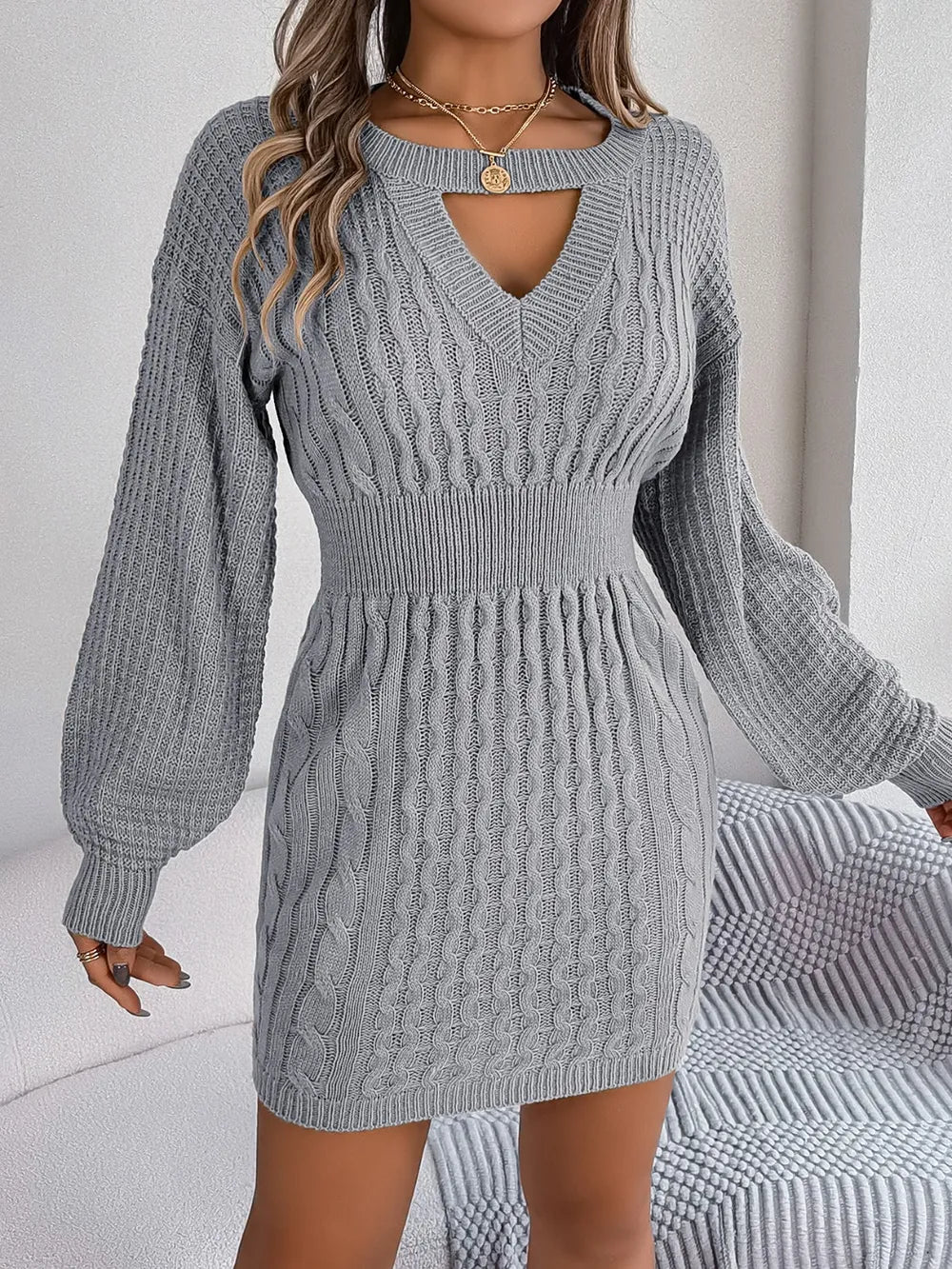 Cable-Knit Cutout Round Neck Slit Sweater Dress | Dresses Sweater Dress from PHUNKYN