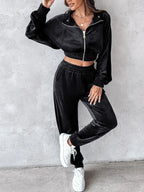 Zip Up Long Sleeve Cropped Top and Joggers Set | Outfit Sets Top and Pants Set from PHUNKYN