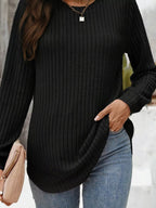 Ribbed Texture Round Neck Long Sleeve Rounded Hem Knit Top | Sweaters Sweater from PHUNKYN