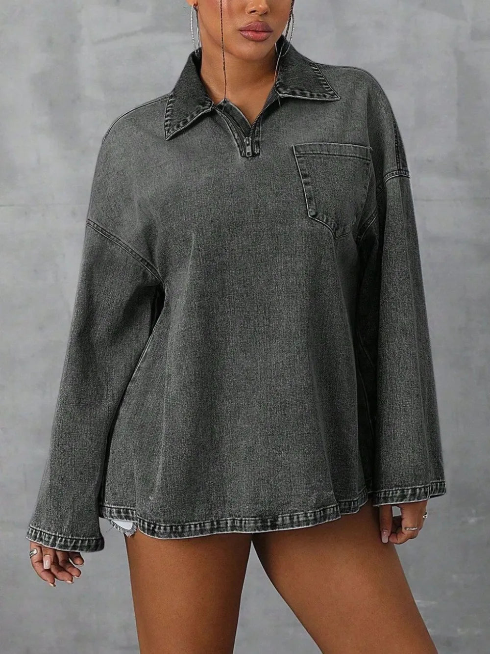 Collared Neck Drop Shoulder Denim Top | Shirts Denim Top from PHUNKYN