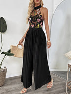Floral Embroidered Halter Neck Pleated Jumpsuit | One-Pieces Jumpsuit from PHUNKYN