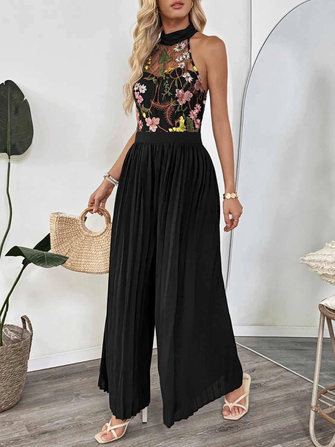 Floral Embroidered Halter Neck Pleated Jumpsuit | One-Pieces Jumpsuit from PHUNKYN