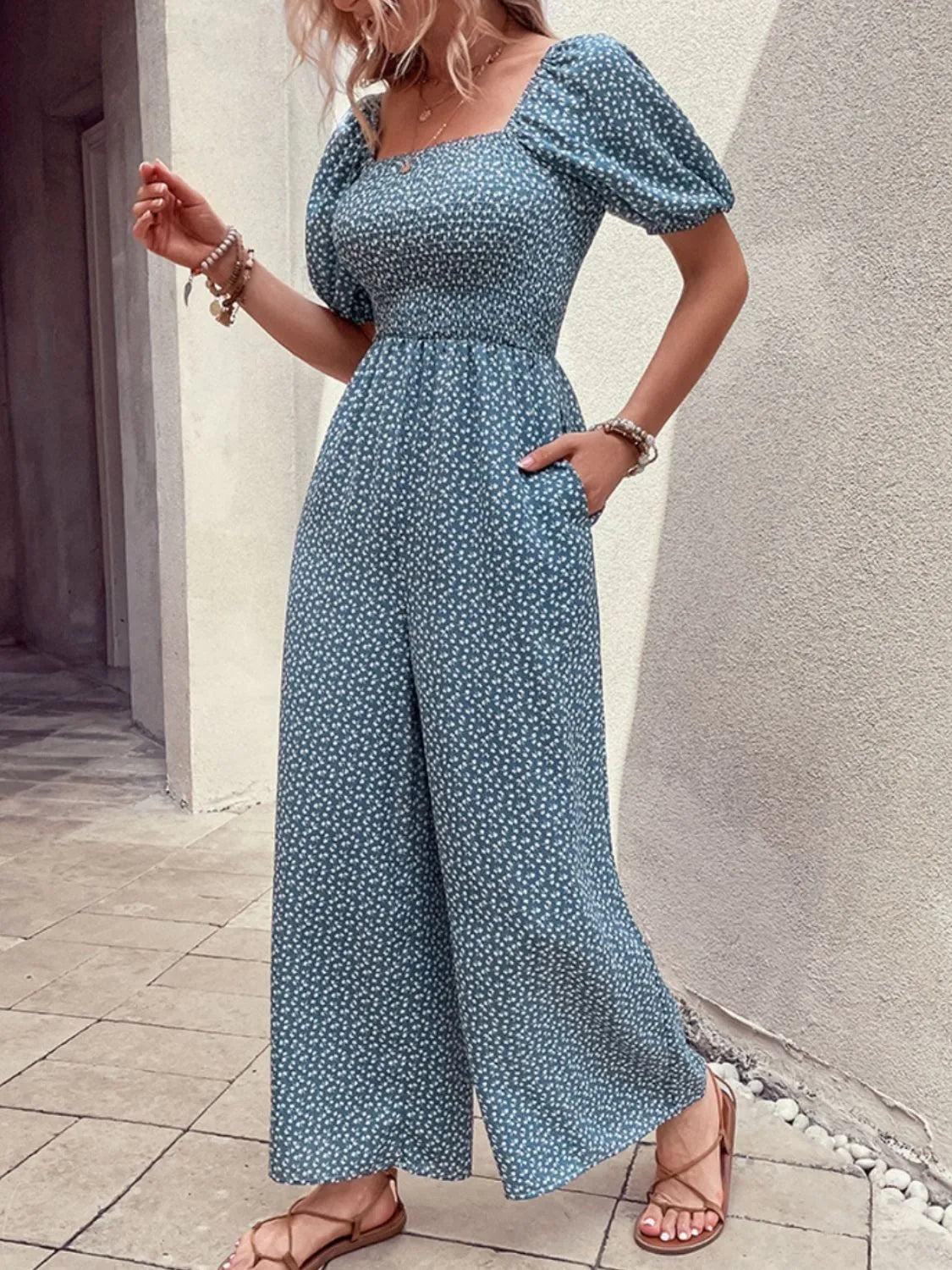 Printed Square Neck Puff Sleeve Jumpsuit | One-Pieces Jumpsuit from PHUNKYN