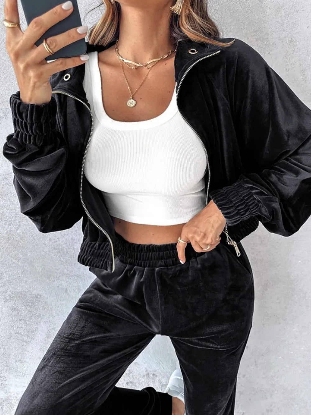 Zip Up Long Sleeve Cropped Top and Joggers Set | Outfit Sets Top and Pants Set from PHUNKYN