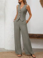 V-Neck Button Down Vest and Wide Leg Pants Set | Outfit Sets Top and Pants Set from PHUNKYN